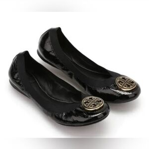 Tory Burch $189 Caroline Patent Leather Ballet Flats Size 8 Black Gold Logo